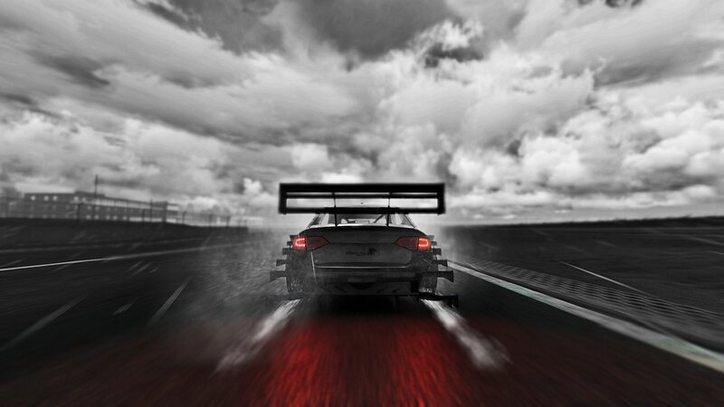 Race Car on Track — Black, Dramatic, Digital Art, Clouds, Brake Lights