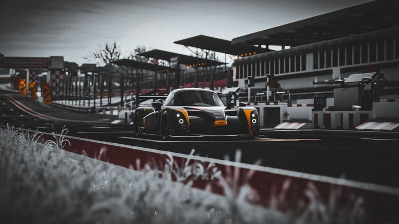 Race Car on Track — Black, Dramatic, Night, 3d Render, Grass