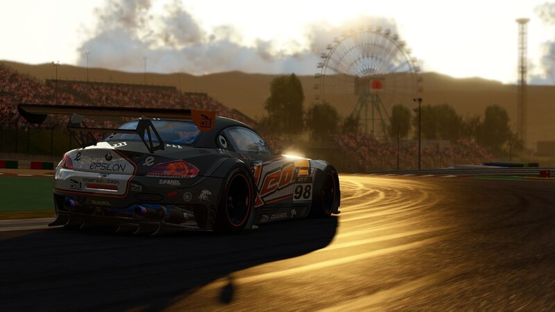 Race Car on Track — Black, Dramatic, Sunset, 3d Render, Ferris Wheel