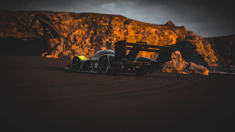 Race Car on Track — Black, Dramatic, Sunset, 3d Render, Mountain