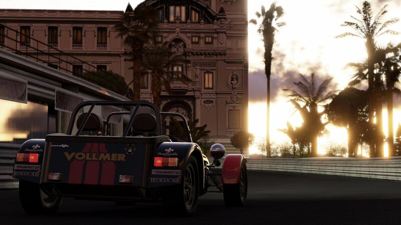 Race Car on Track — Black, Dramatic, Sunset, 3d Render, Palm Trees, Building