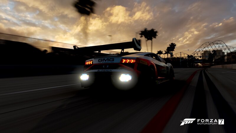 Race Car on Track — Black, Dramatic, Sunset, 3d Render, Palm Trees