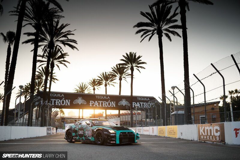Race Car on Track — Black, Dramatic, Sunset, Photograph, Palm Trees