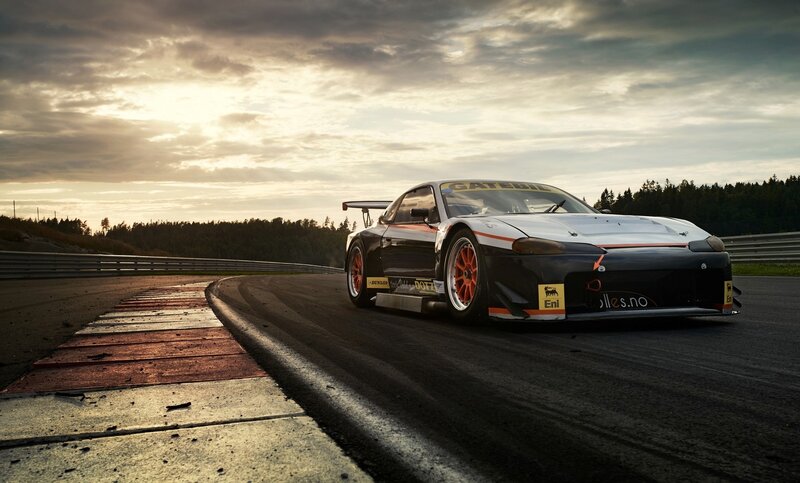 Race Car on Track — Black, Dramatic, Sunset, Photograph, Racetrack, Trees