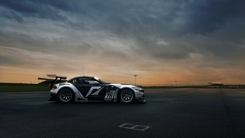 Race Car on Track — Black, Dramatic, Sunset, Photograph, Sky, Clouds, White, Gray