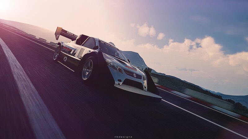 Race Car on Track — White, Dynamic, Sunset