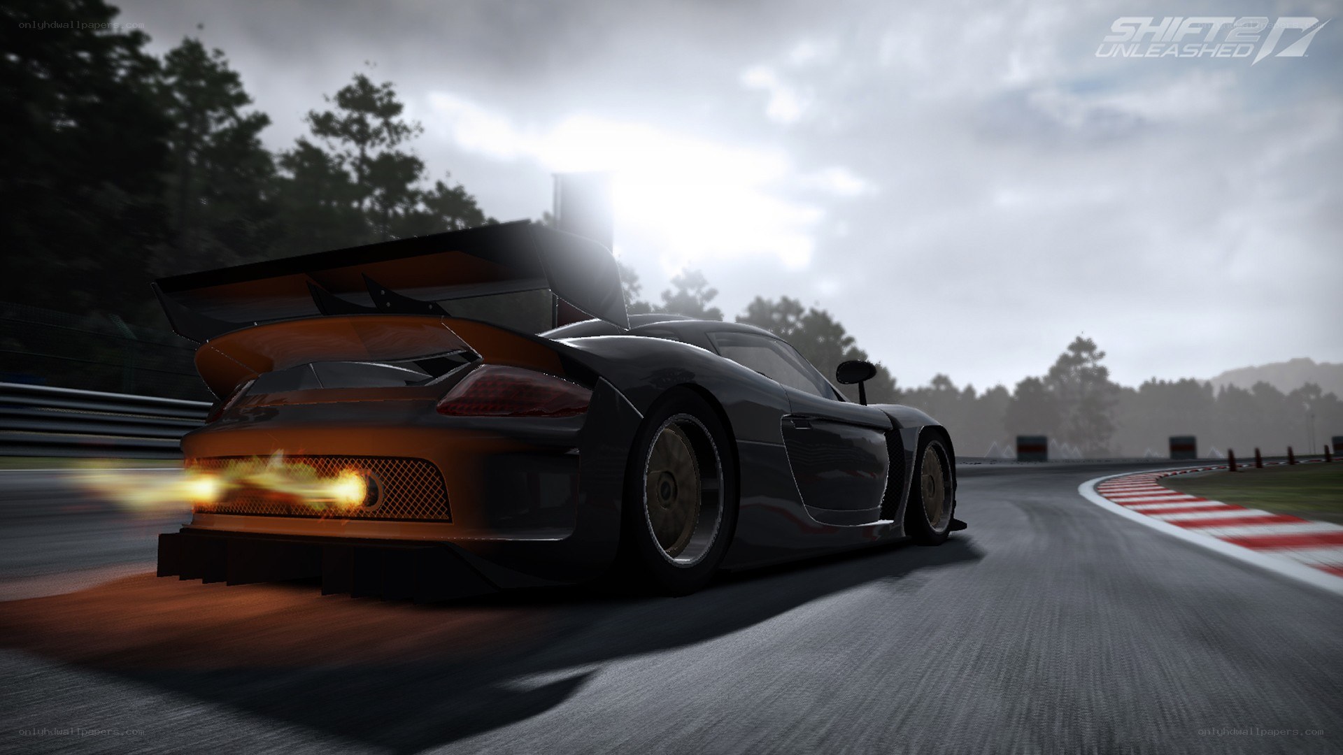 race car on track with flames