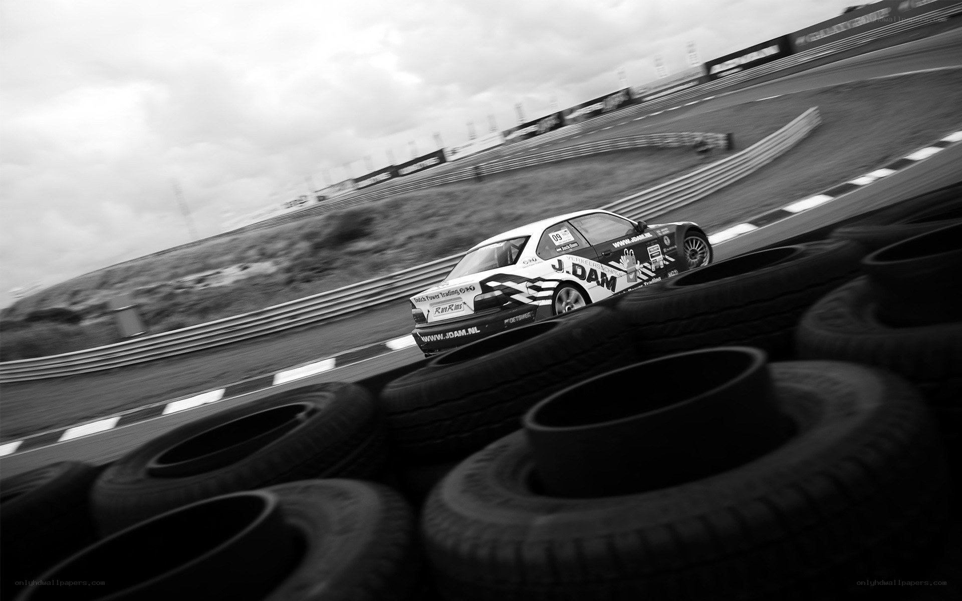 Race car on track with tires