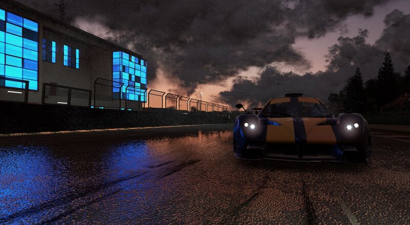 race car on wet track at night