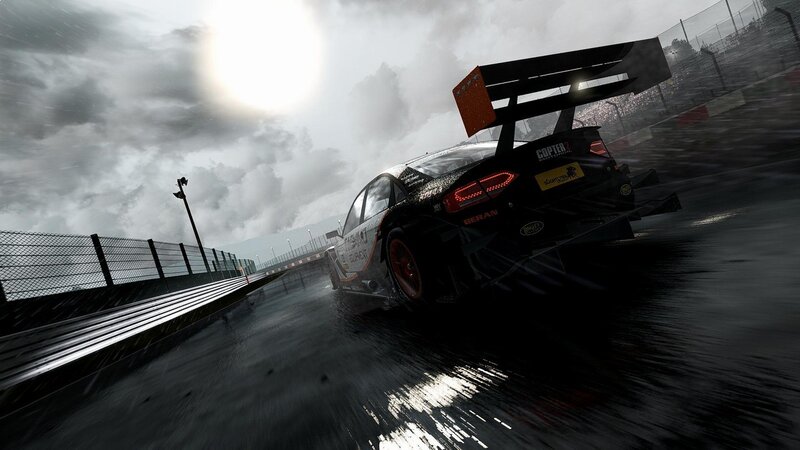 Race Car on Wet Track — Black, Dramatic, Afternoon