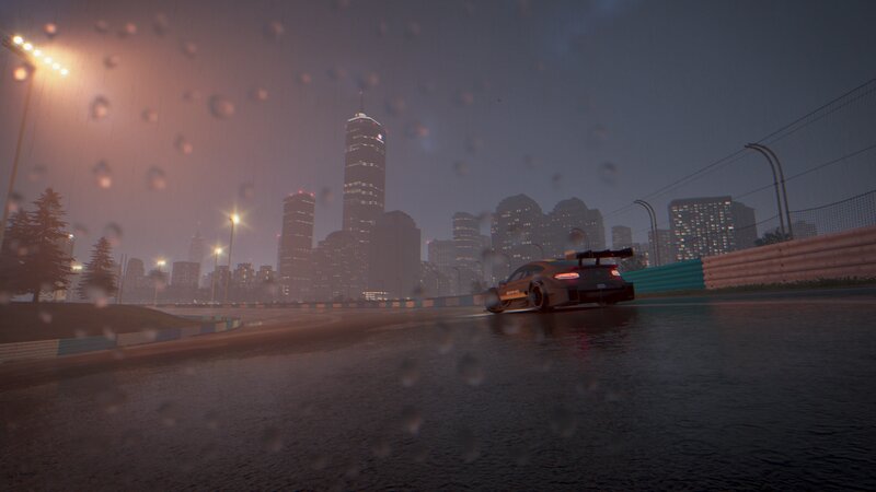 Race Car on Wet Track — Gray, Dark, Rainy