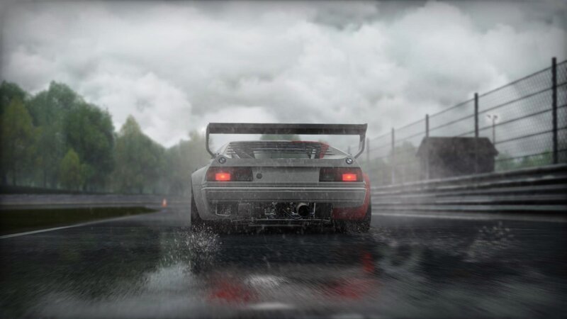 Race Car on Wet Track — Gray, Dramatic