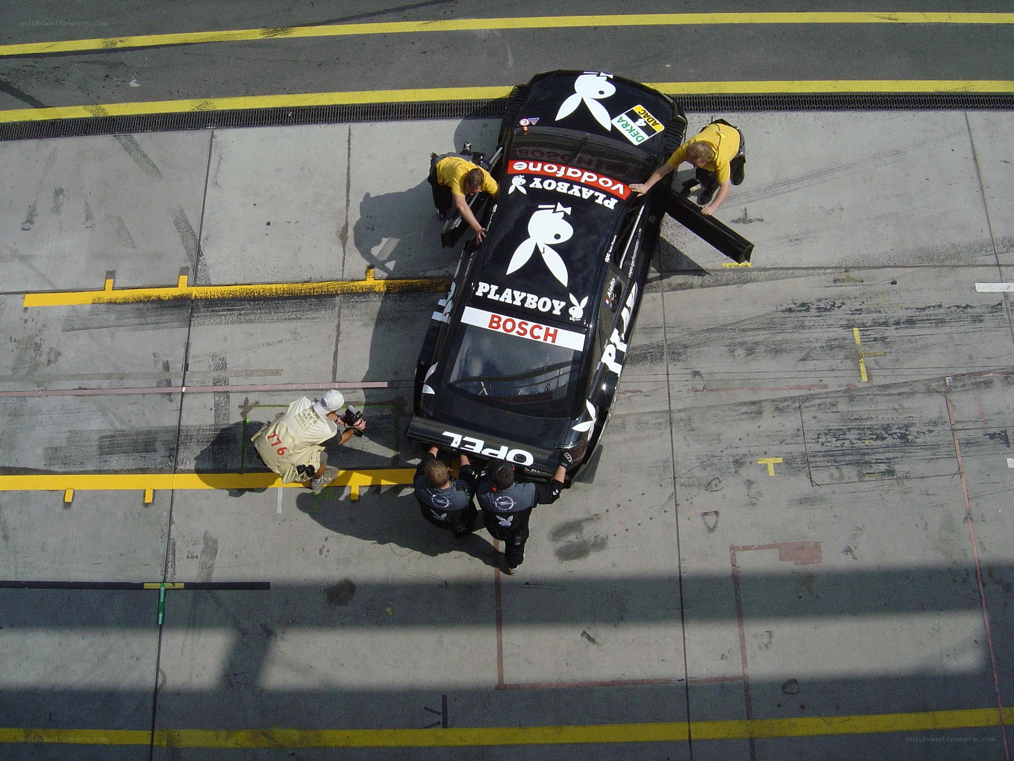 Race car pit stop from above