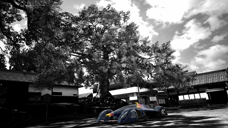 Race car under a large tree