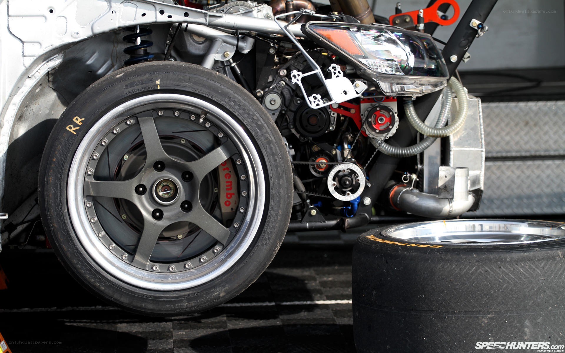 Race car wheel and engine details