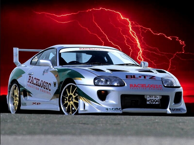 Race car with lightning background