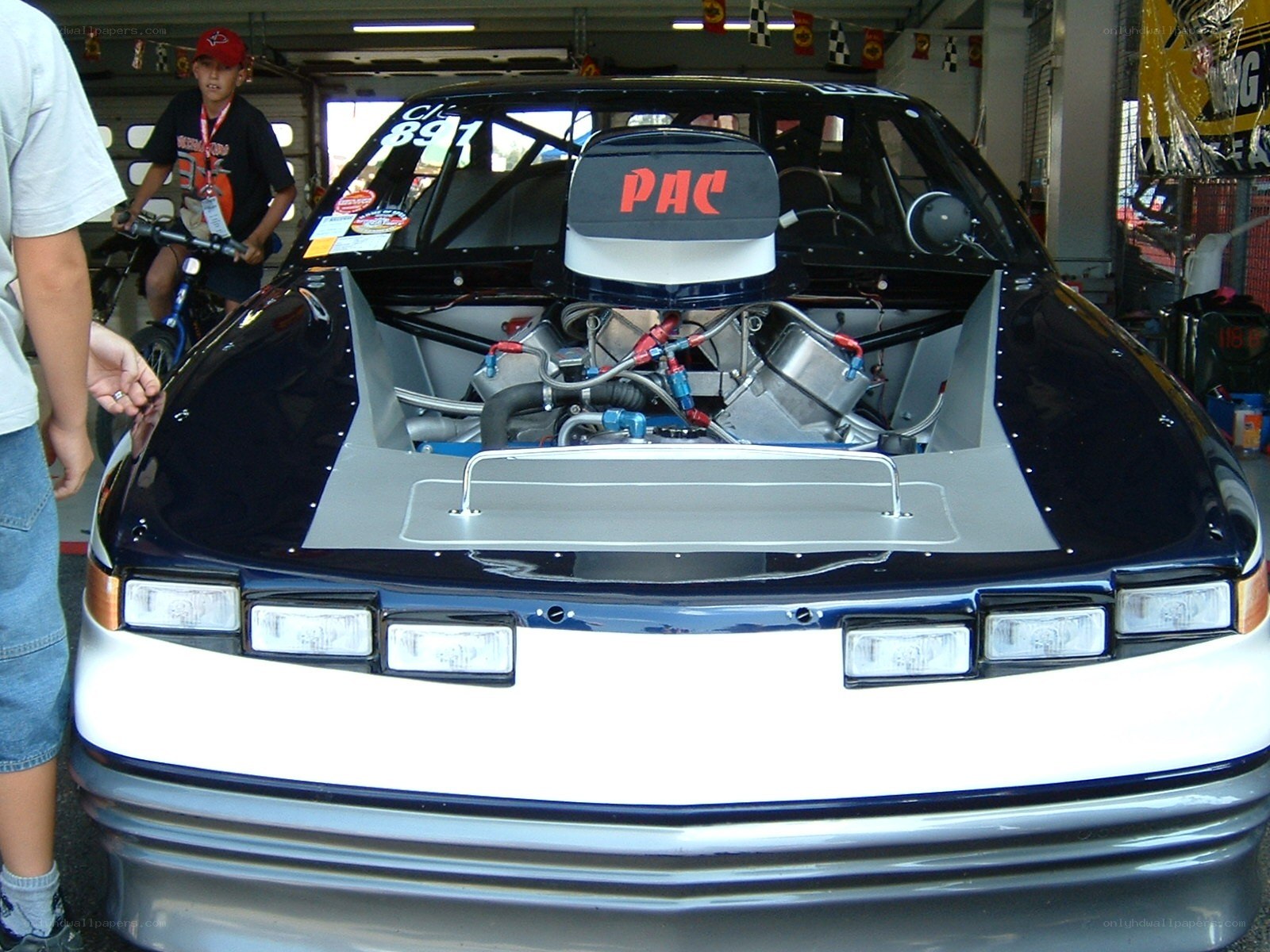 Race car with open hood