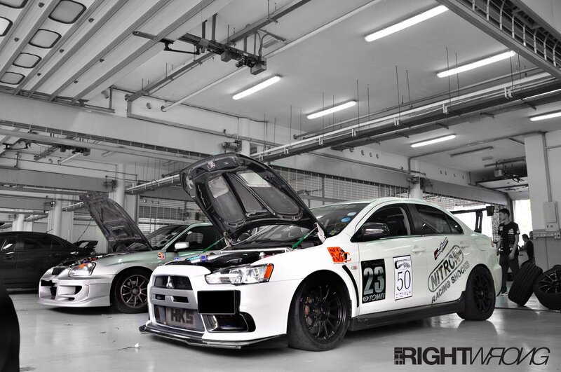 Race cars in a garage