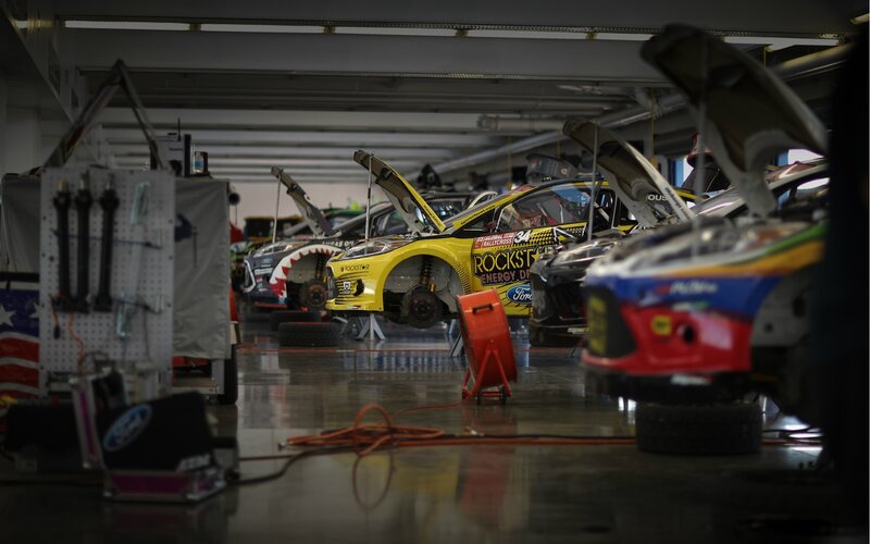 Race cars in a garage