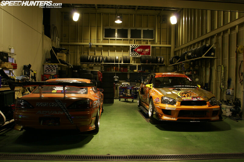 Race cars in a garage
