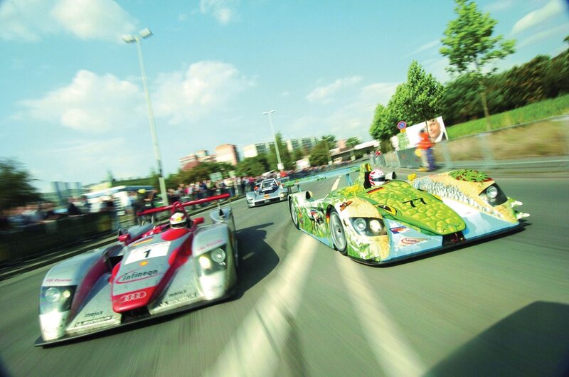 Race cars in action on a track