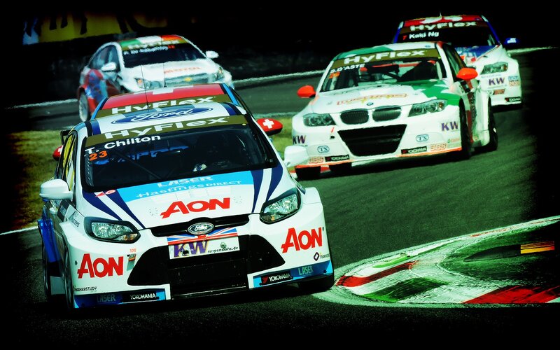 Race cars on a track