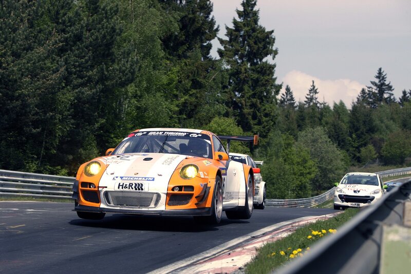 Race cars on a track