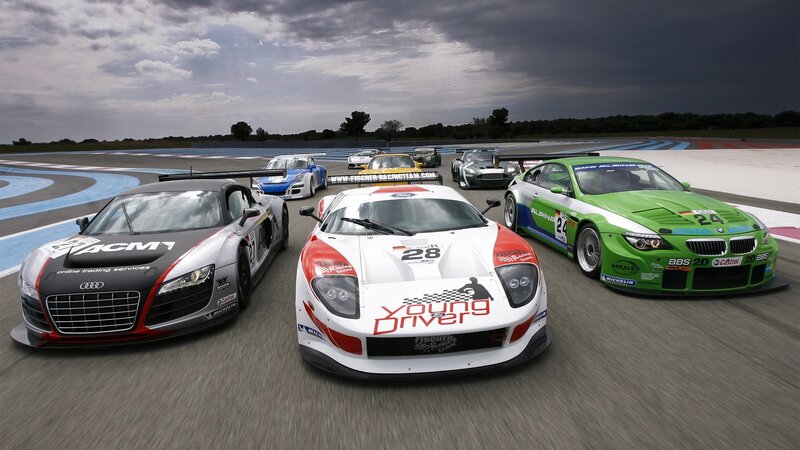 Race cars on a track