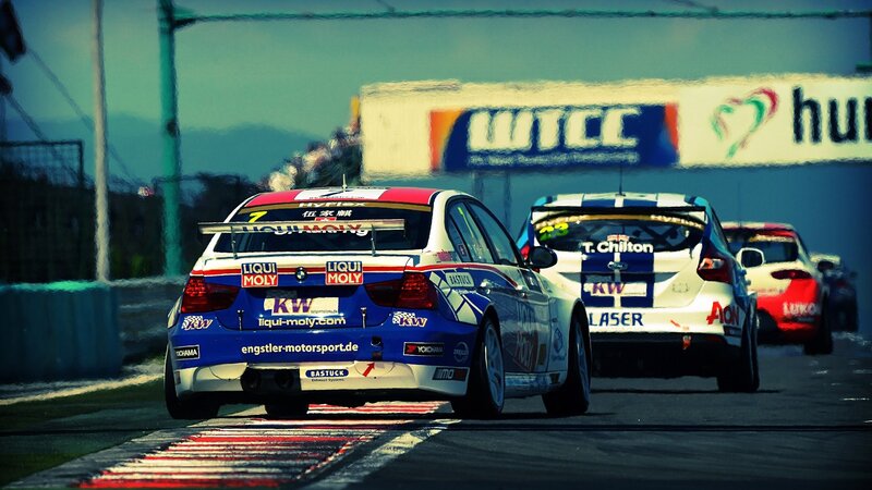 Race cars on a track