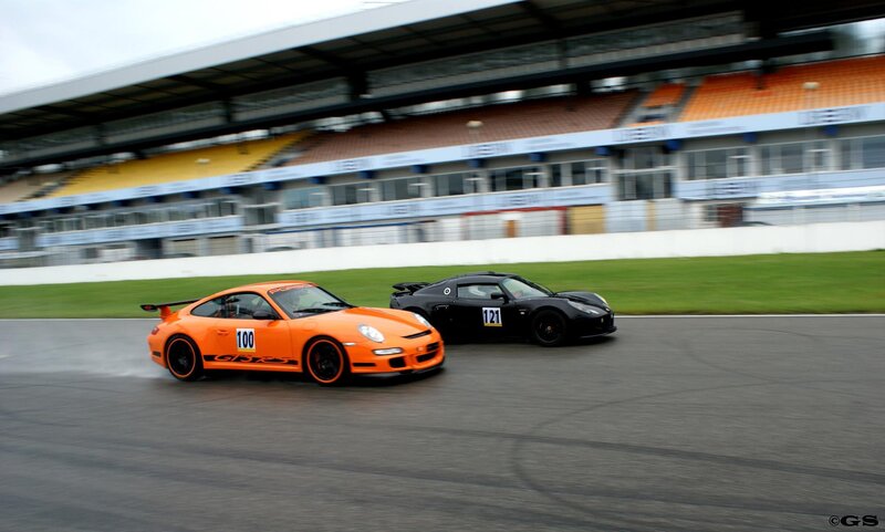 Race cars on a track