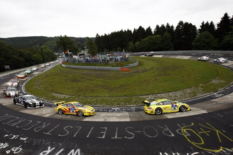 Race cars on a track