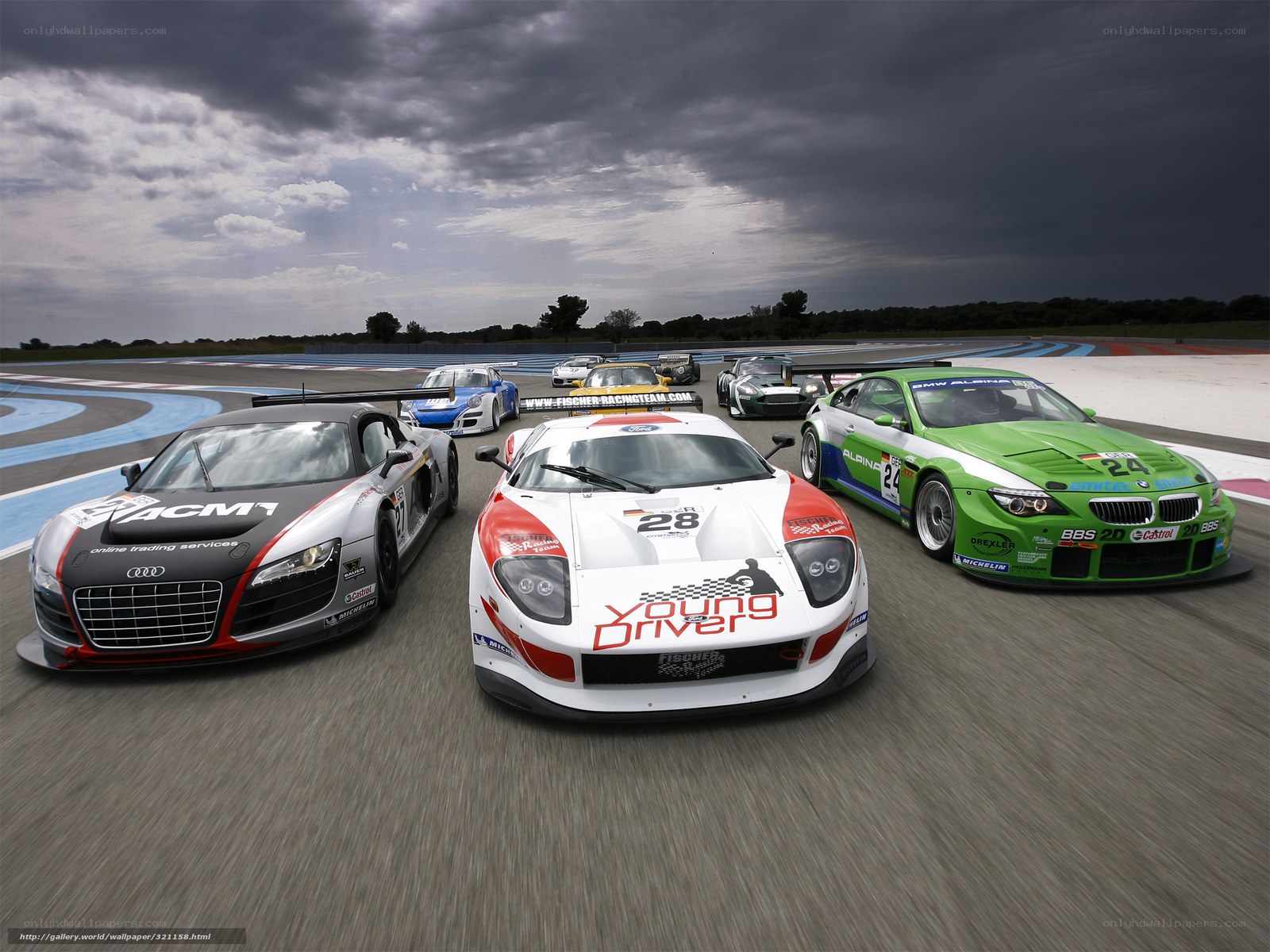Race cars on a track