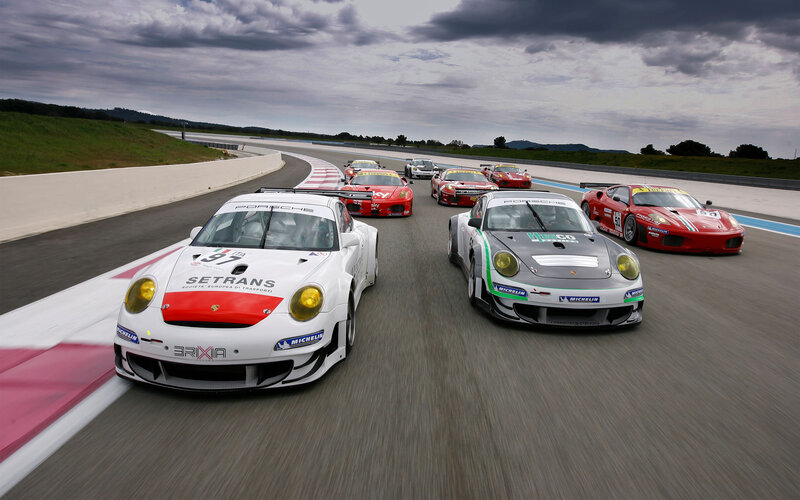 Race cars on a track
