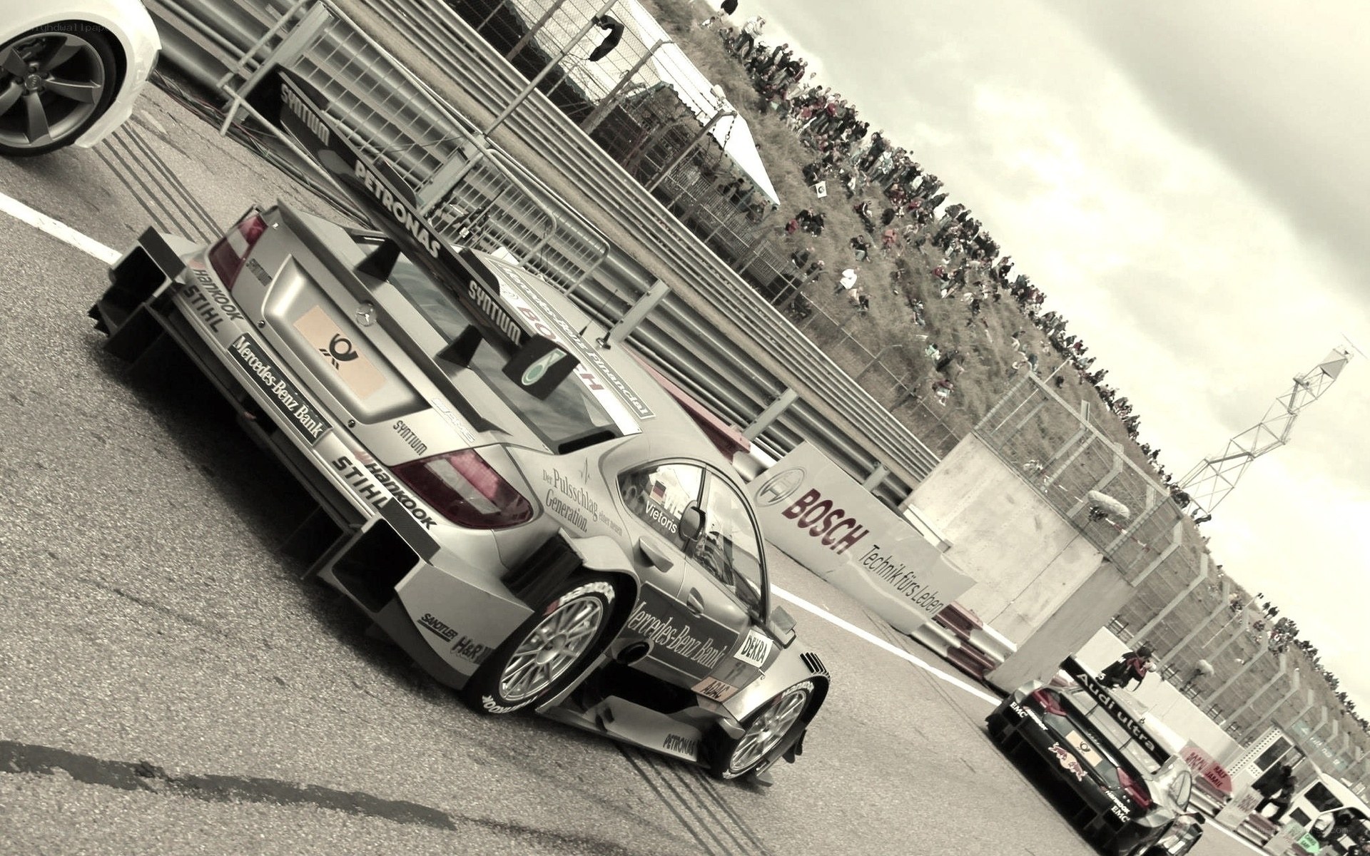 Race cars on a track