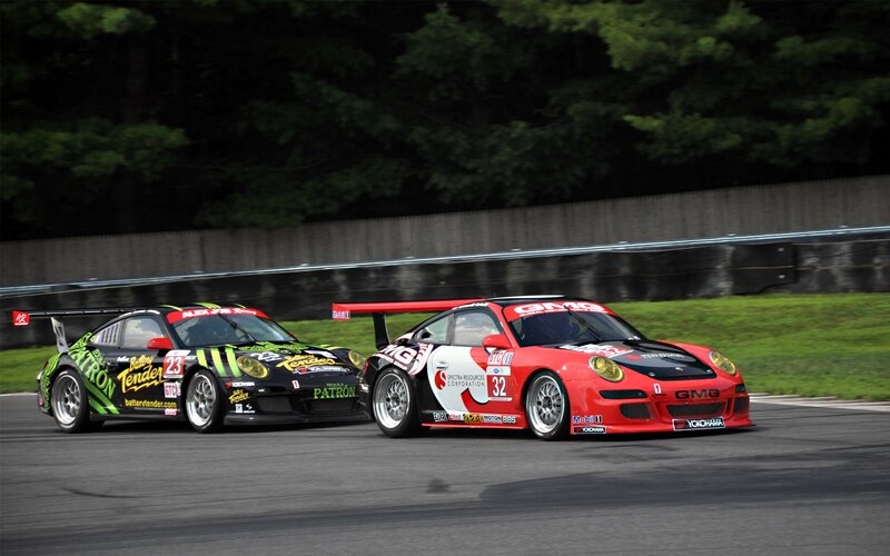Race cars on a track