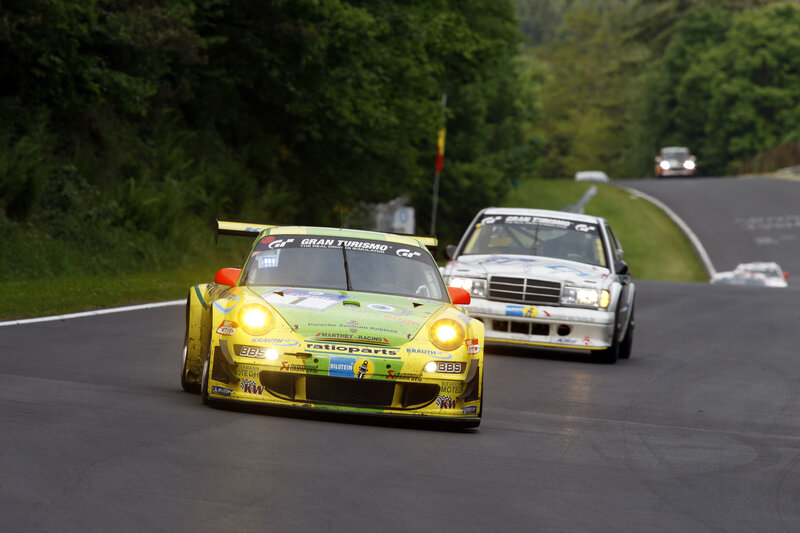 Race cars on a track