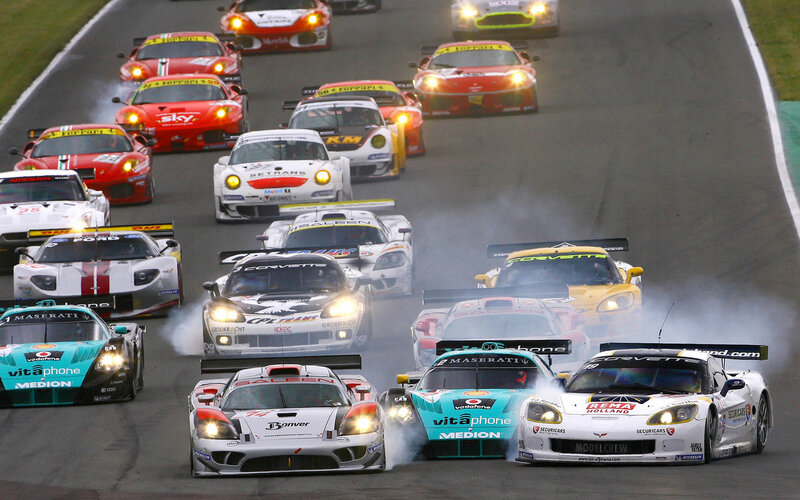 Race cars on a track