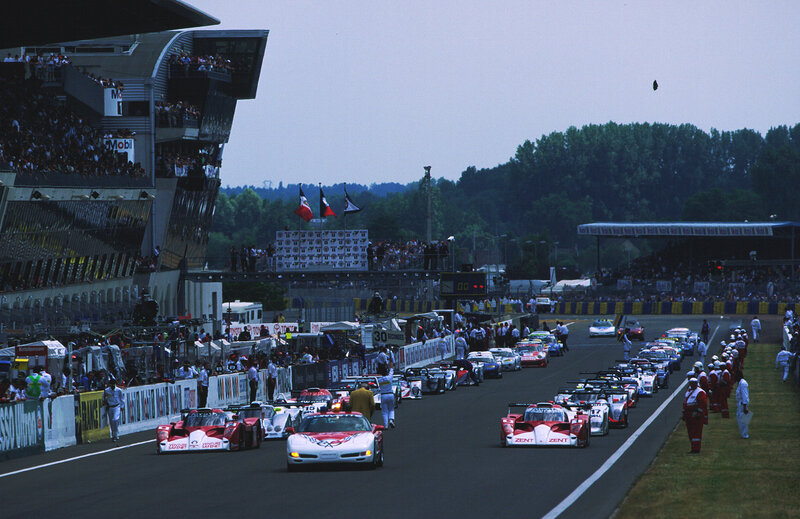 Race cars on a track