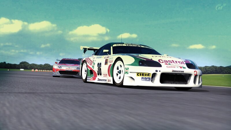 Race cars on a track