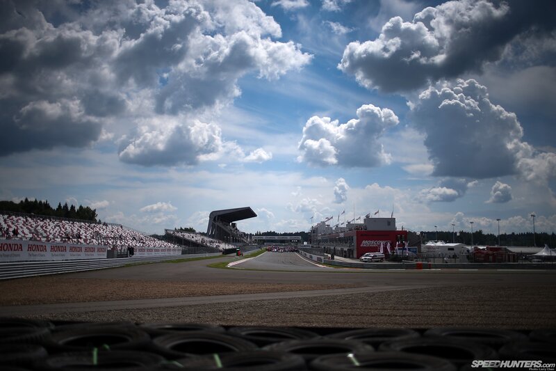 Race track under cloudy sky