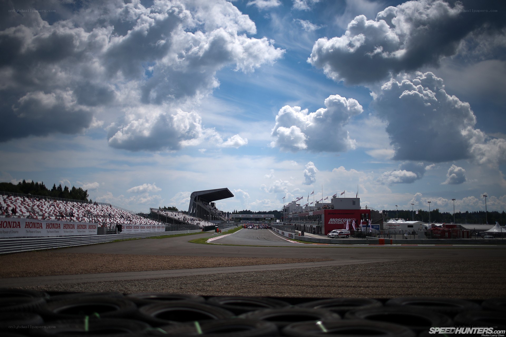 Race track under cloudy sky