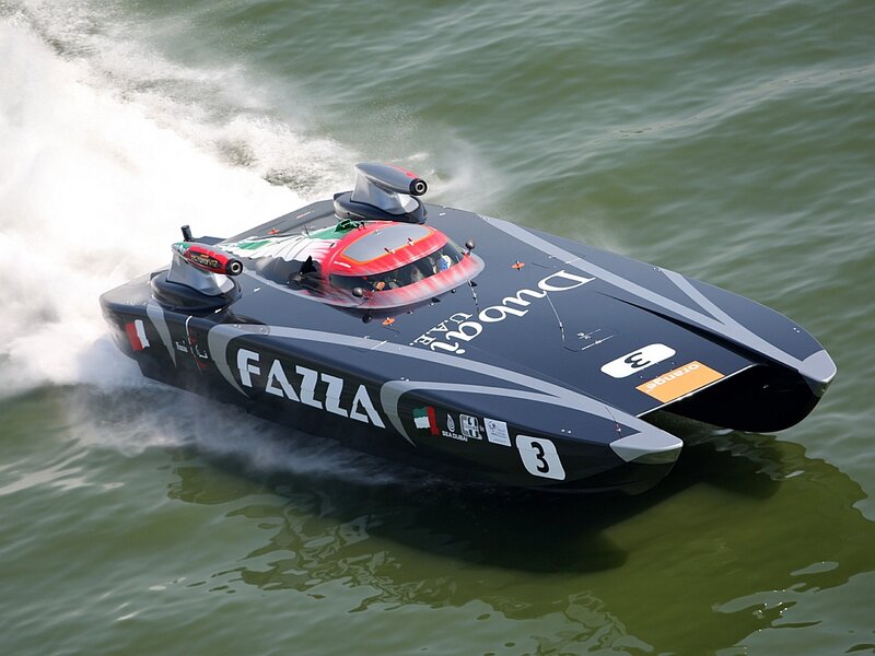 Racing Boat on Water — Black, Dynamic, Afternoon