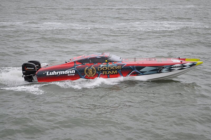 Racing Boat on Water — Red, Dynamic, Photograph, Engine