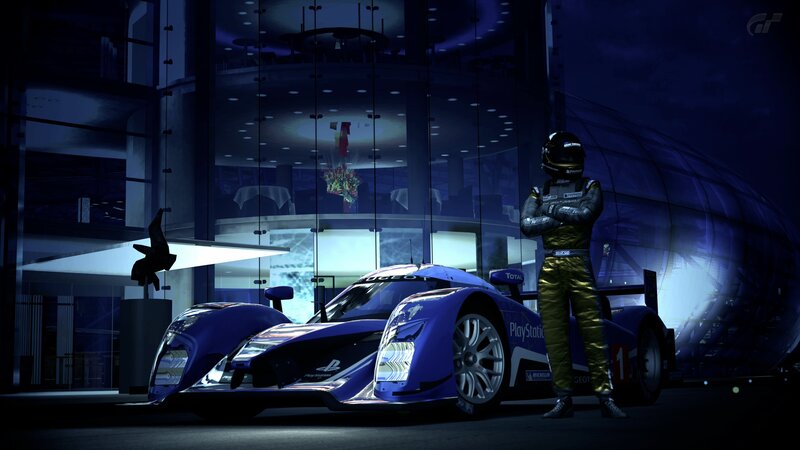 racing car and driver in showroom