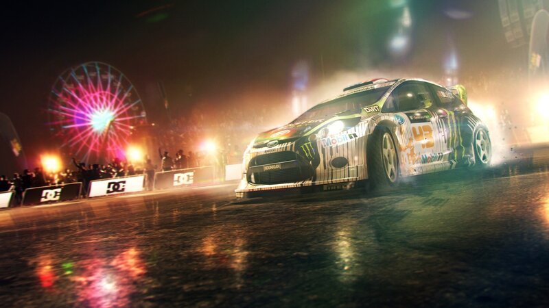 Racing car at night with ferris wheel