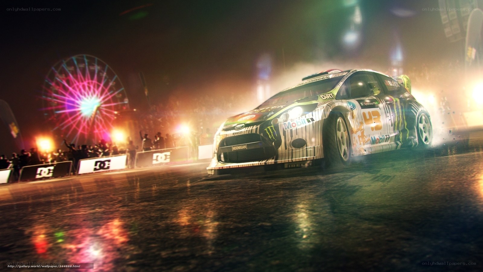 Racing car at night with ferris wheel
