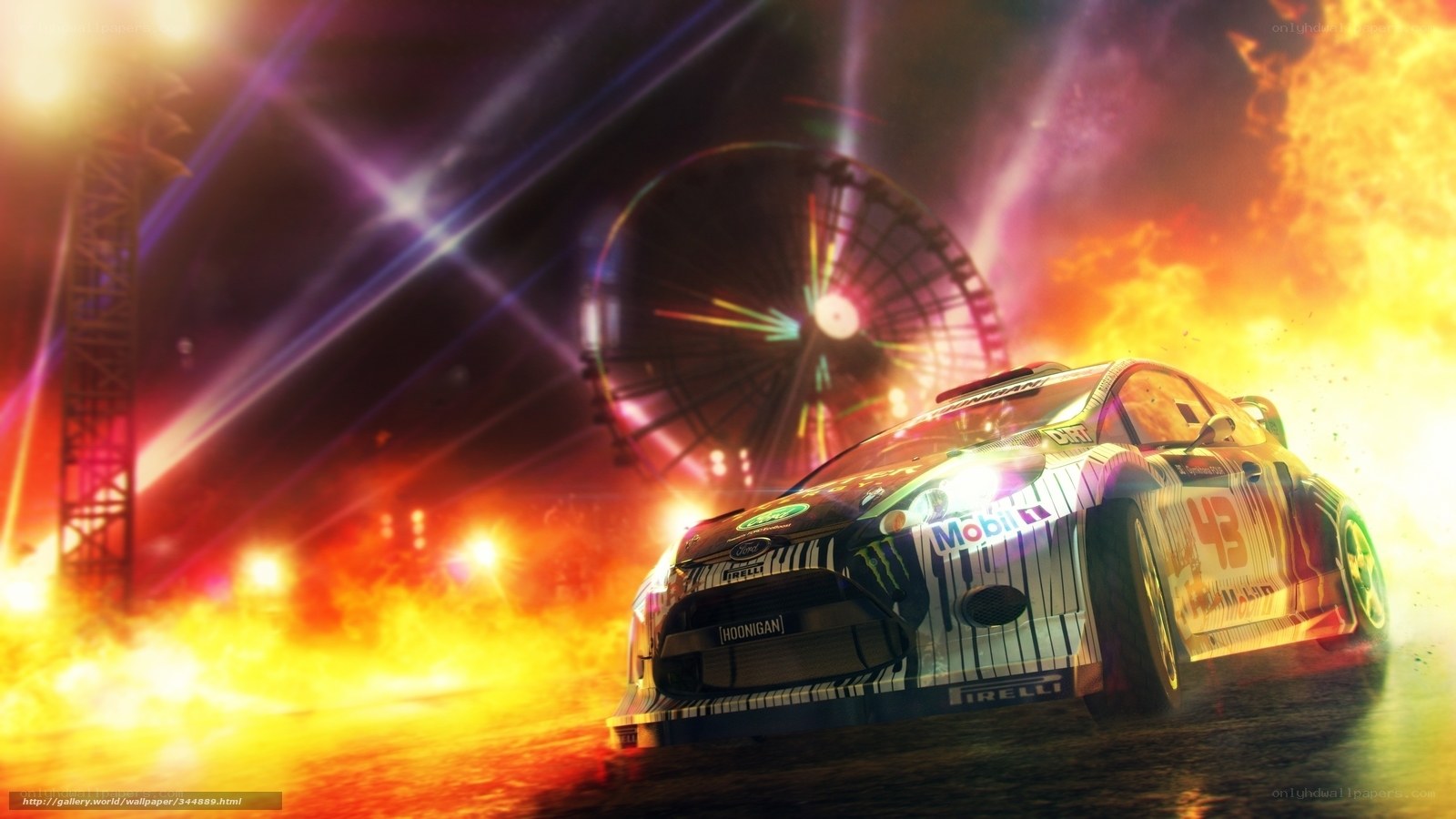racing car at night with fire
