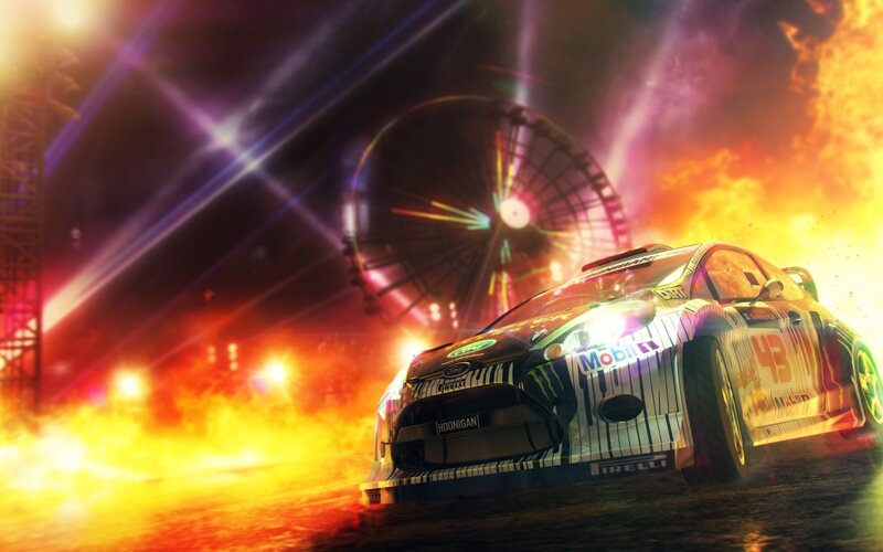 racing car at night with fireworks