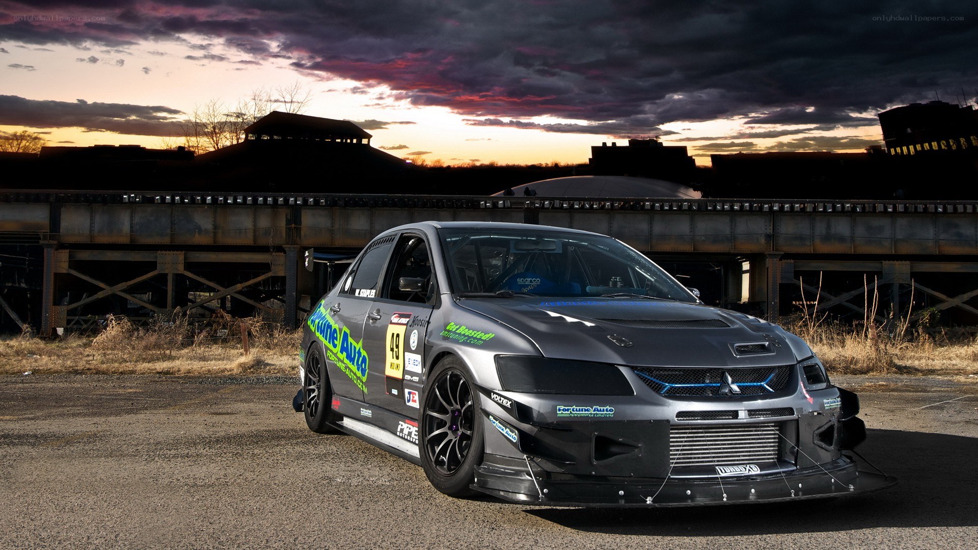 racing car at sunset