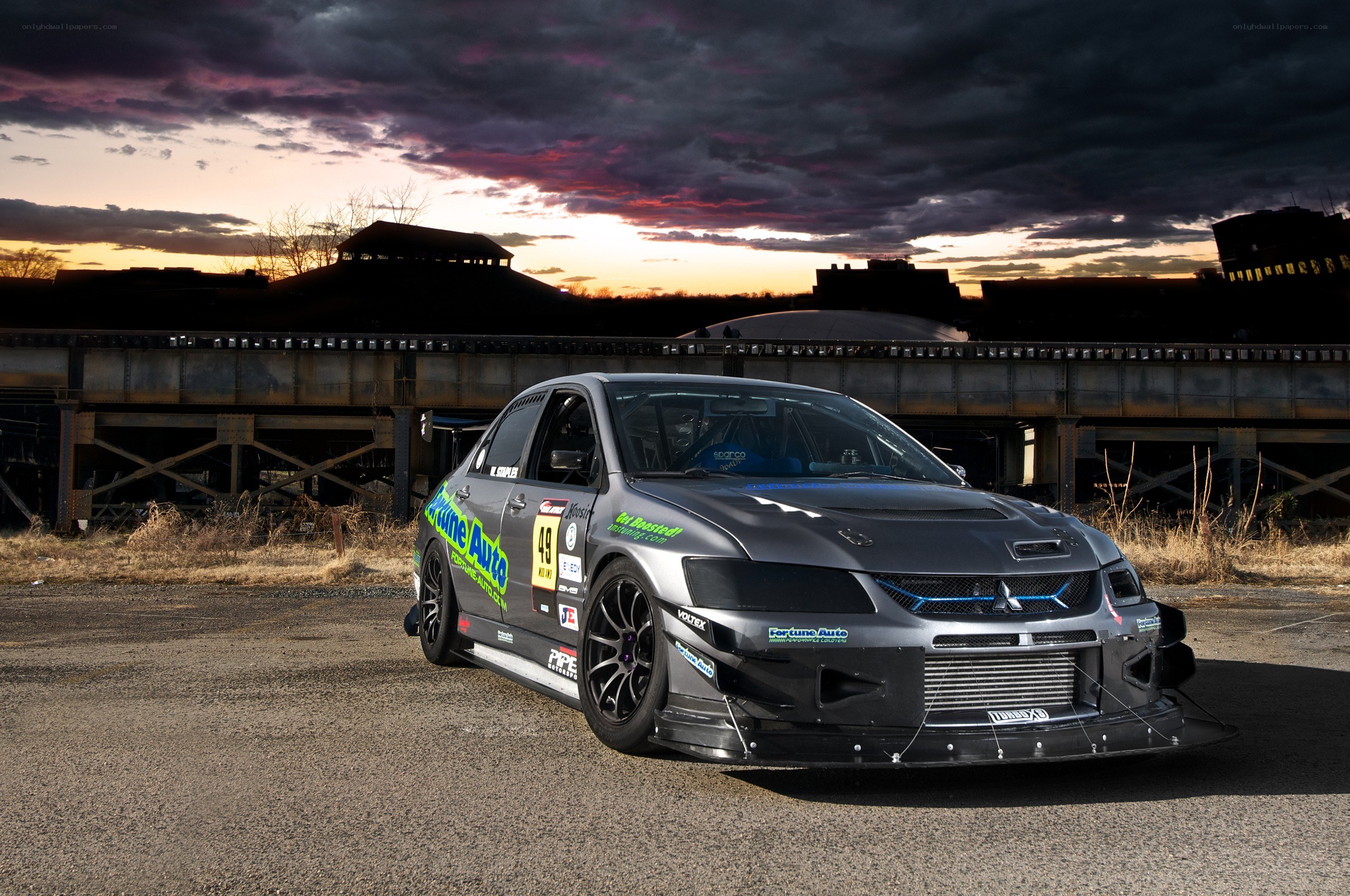 racing car at sunset